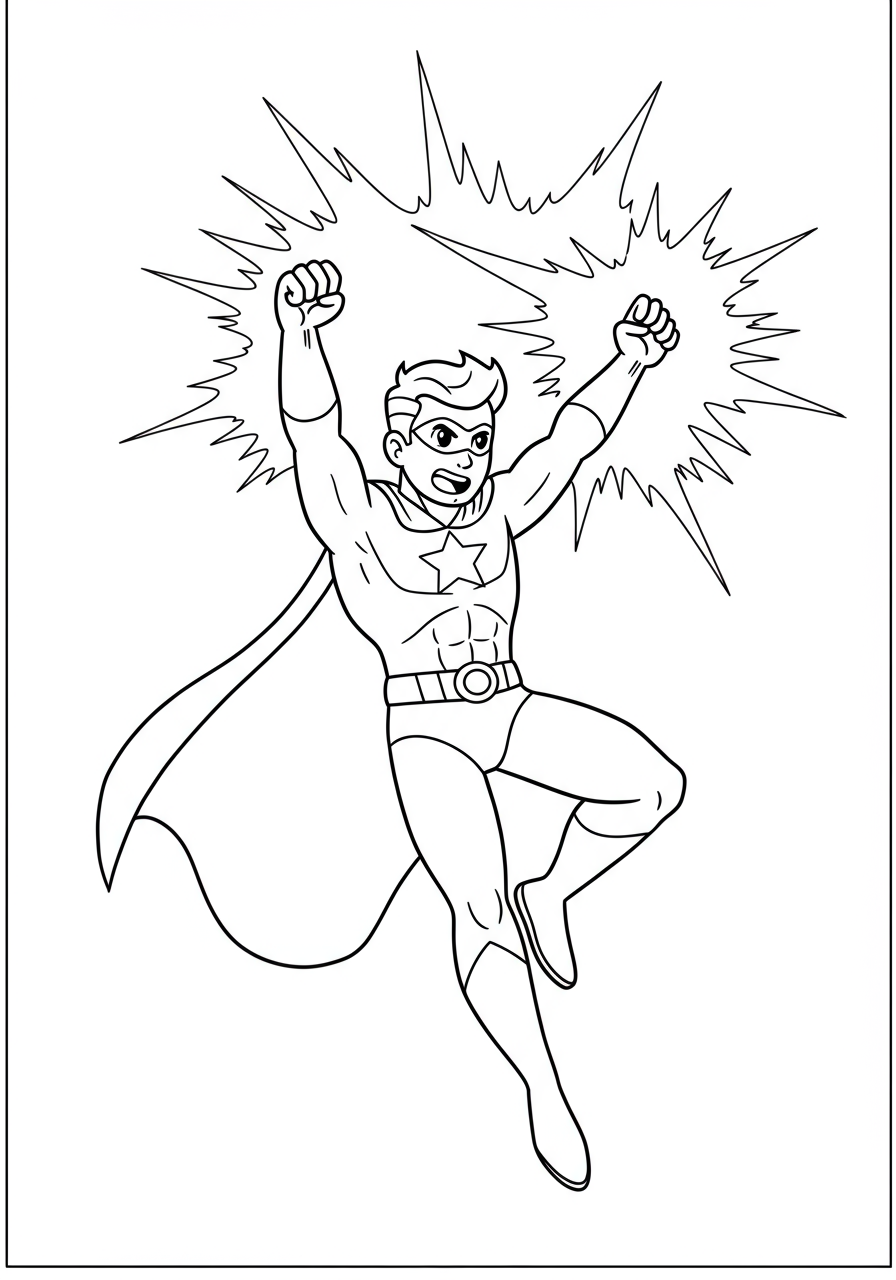 Free printable coloring page featuring a superhero using energy blast power, with dynamic lines and a powerful burst effect, perfect for kids.