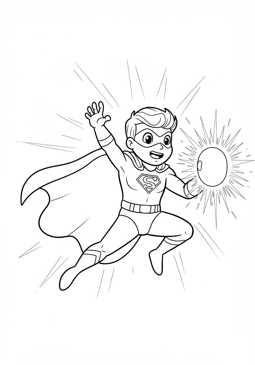 Free printable coloring page featuring a superhero creating an energy shield with glowing light effects, perfect for kids to color.