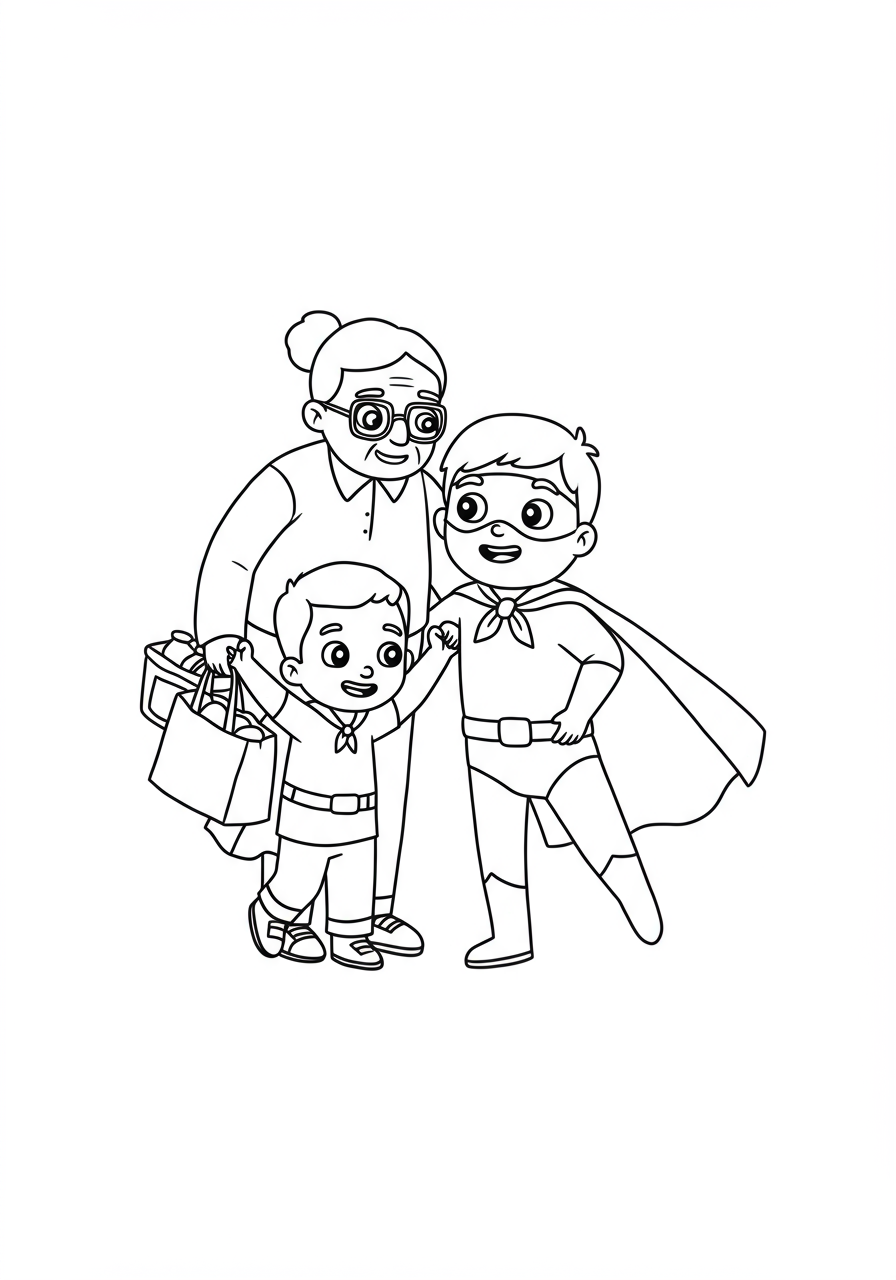 Free printable coloring page featuring an everyday hero, a child helping an elderly person carry groceries, symbolizing community support and kindness.