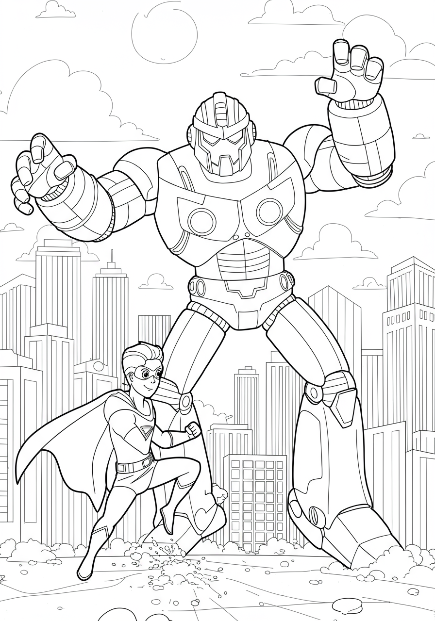 A free printable coloring page depicting a giant evil robot attacking a city, with buildings and possibly a superhero in action, ready for kids to color.