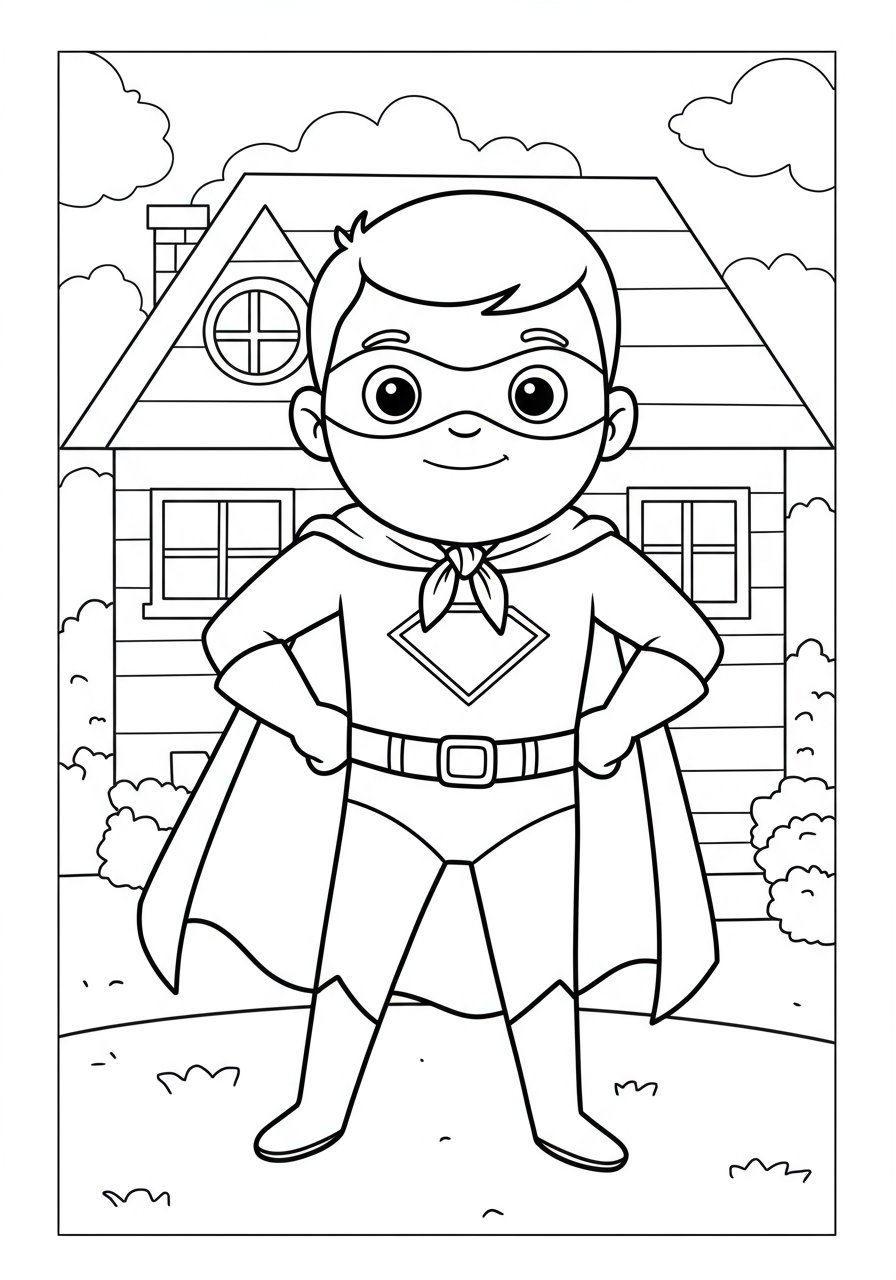 Free printable coloring page depicting a friendly family superhero in a cape and mask, standing proudly in front of a cozy house, ready to protect home and loved ones.