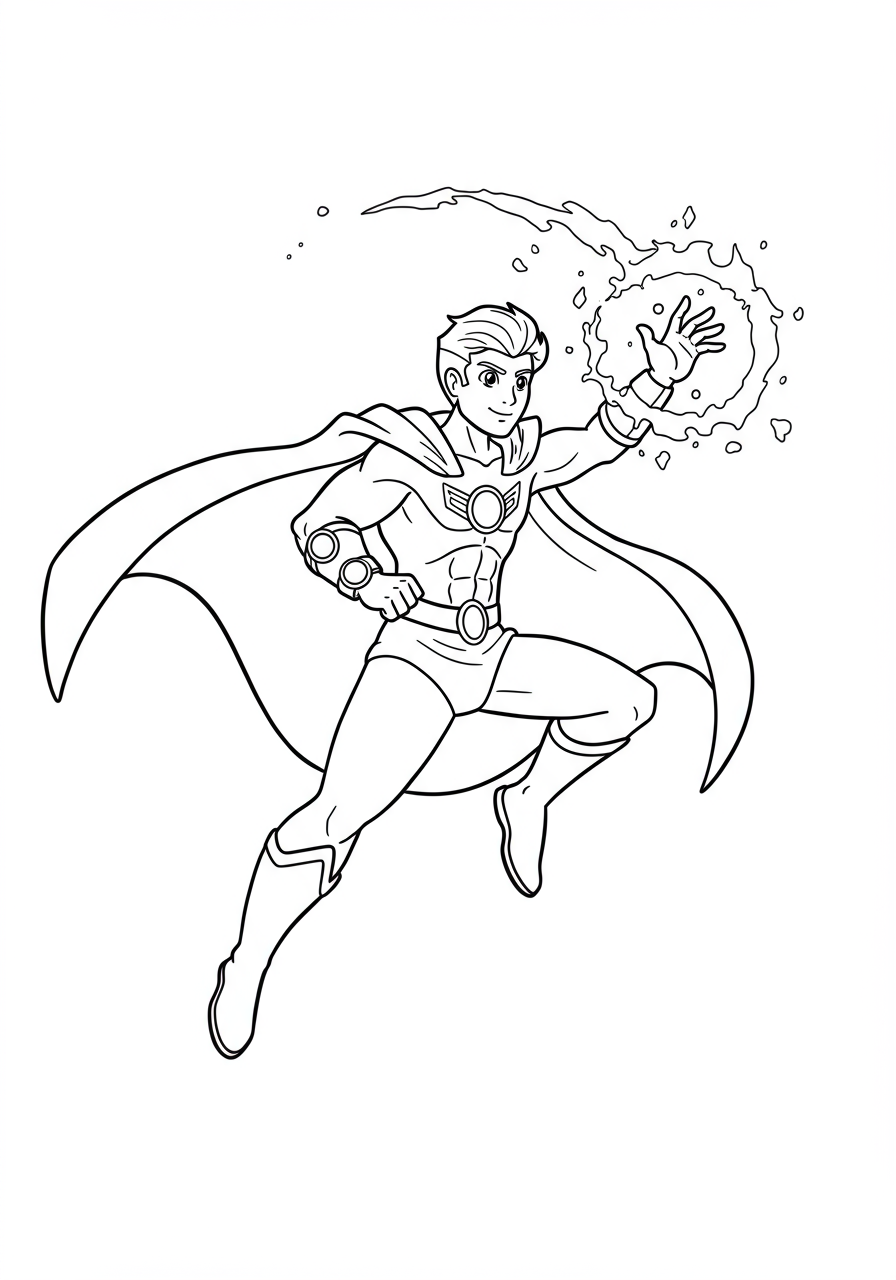 Free printable coloring page featuring a fantasy hero casting magic, with swirling energy and a dynamic pose, perfect for young artists.