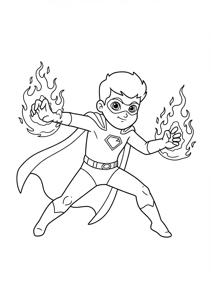 A free printable coloring page featuring a superhero character with dynamic fire flames emanating from their hands, ready for action.