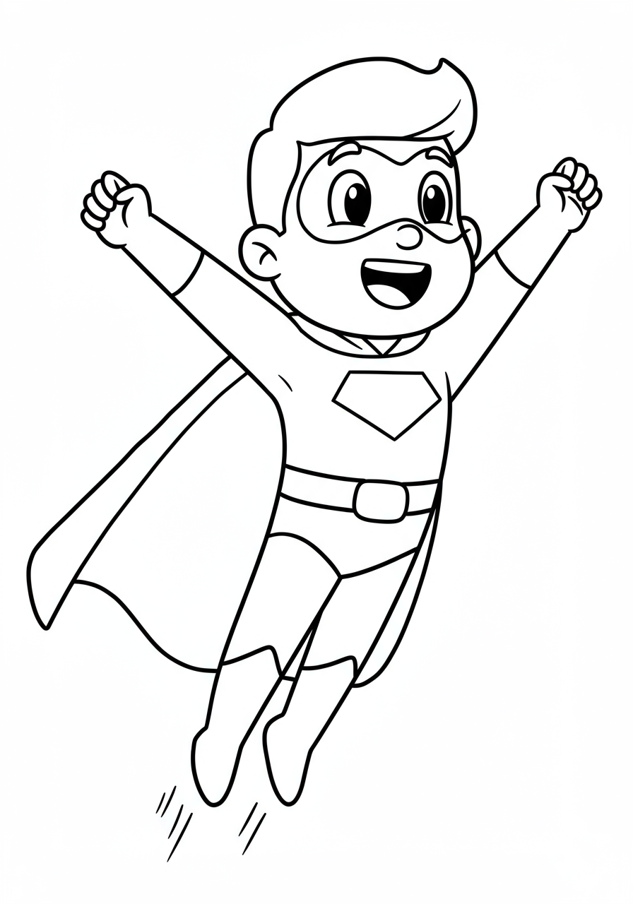 An easy free printable coloring page depicting a happy superhero character in mid-flight, arms outstretched, expressing pure joy. Simple lines and a clear design are ideal for young children to color.