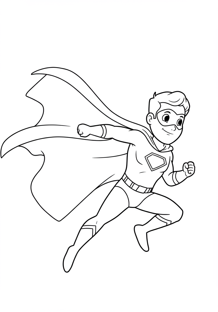 Free printable coloring page featuring a superhero with a dramatic, flowing cape caught in the wind, showing movement and speed.
