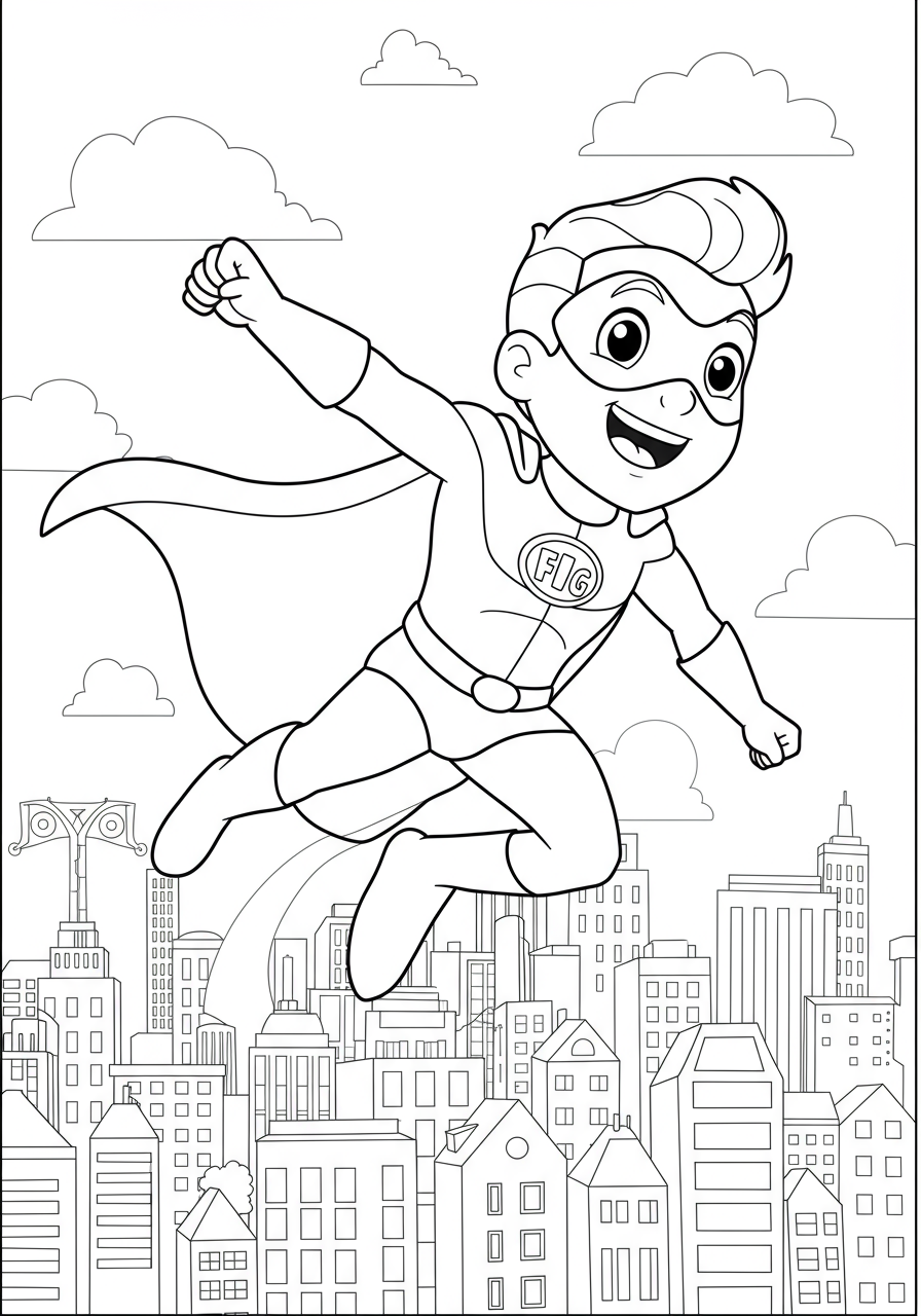 Free printable Flying Hero City Patrol coloring page for kids, showing a superhero flying over a city, easy level, ideal for young children.