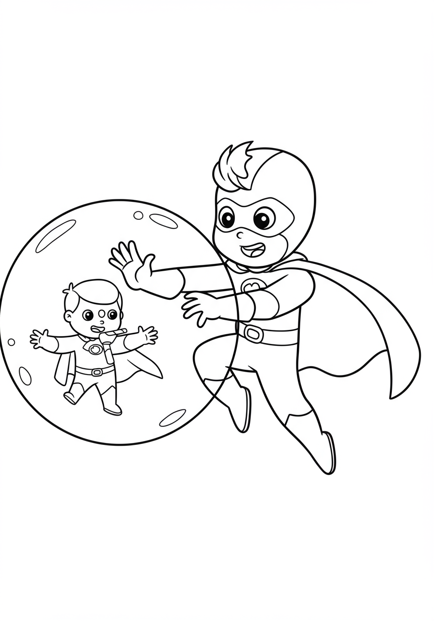 A free printable coloring page showing a brave superhero creating a transparent force field to protect a small object or person, ready for kids to color.