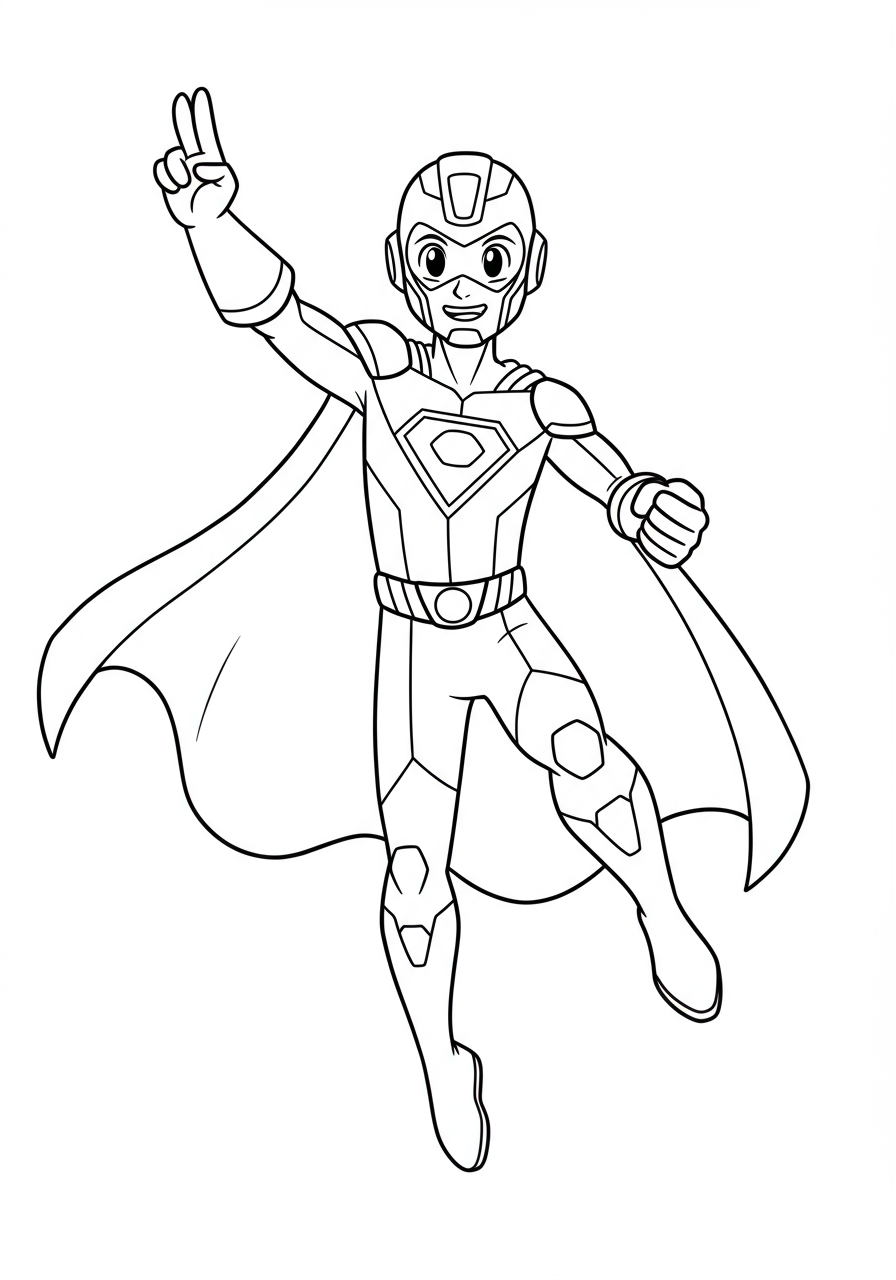 Free printable coloring page depicting a futuristic hero tech suit with bold lines, perfect for kids to color and imagine their own superhero.