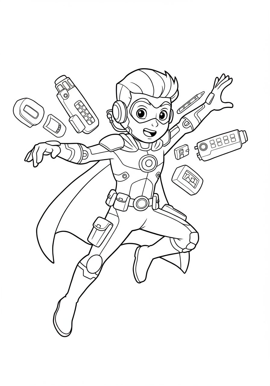 Free printable coloring page depicting a dynamic gadget hero deploying various futuristic gear from their suit, ready for action.