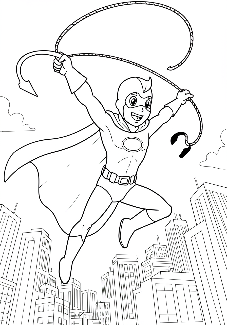 Free printable grappling hook swing action superhero coloring page for kids, showing a superhero soaring through a city with a grappling hook.
