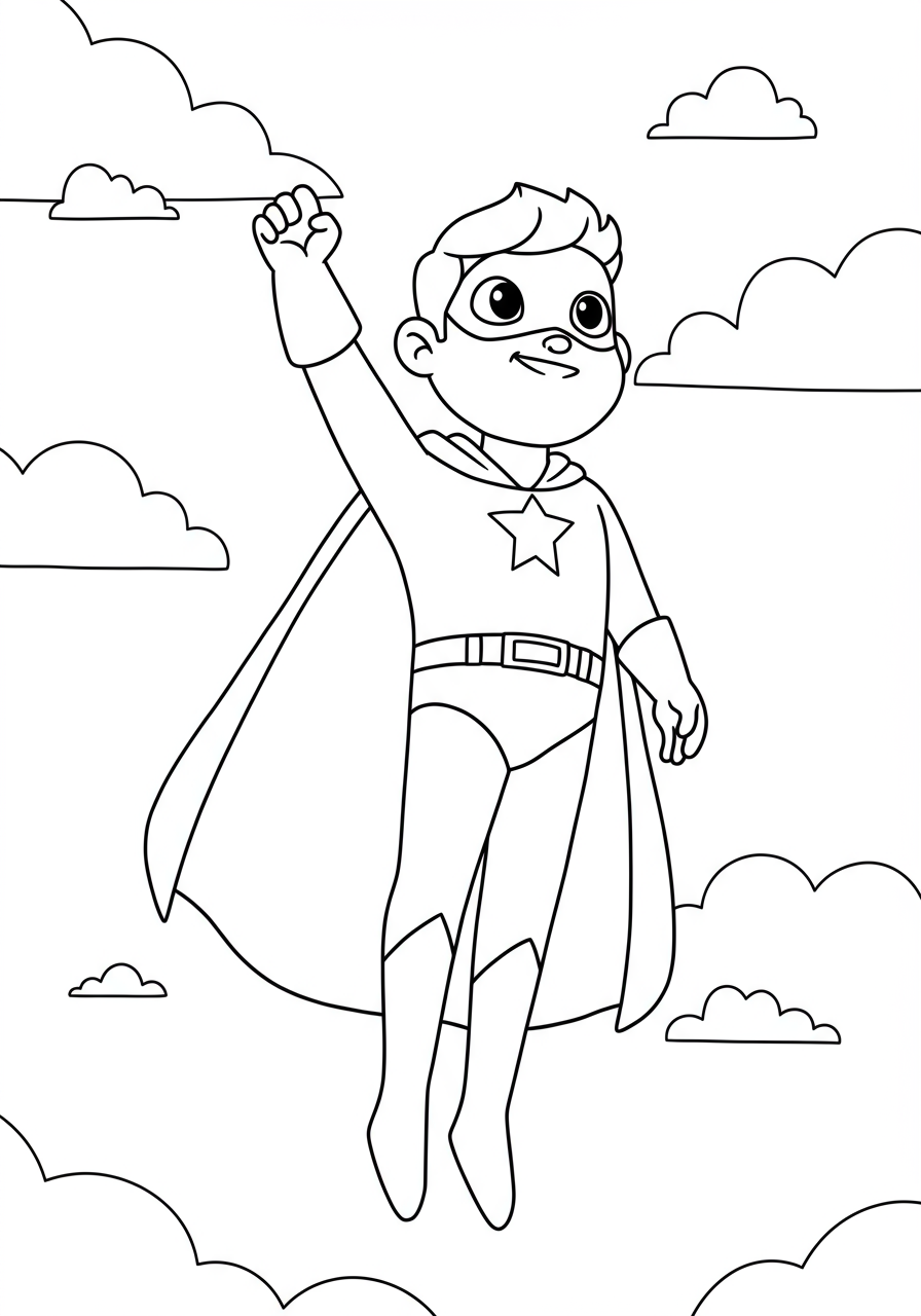 Free printable coloring page featuring a cartoon superhero floating in the sky, defying gravity, perfect for kids.