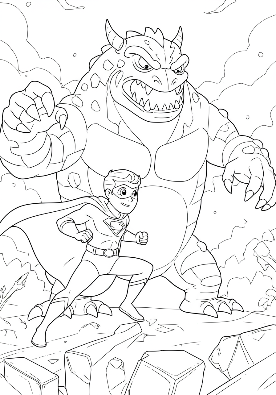 Free printable coloring page depicting a brave superhero in action, ready to defeat a large, menacing giant monster with dynamic lines and a dramatic setting.