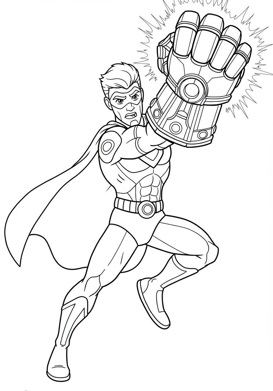 Free printable Hero Gauntlet Power Punch coloring page for kids featuring a superhero's armored fist.