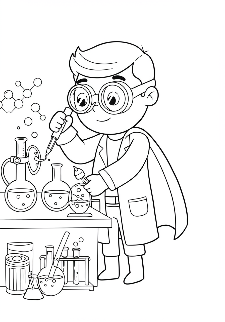 A free printable coloring page depicting a superhero wearing a lab coat and goggles, surrounded by beakers and scientific equipment, diligently working on an invention in a laboratory.