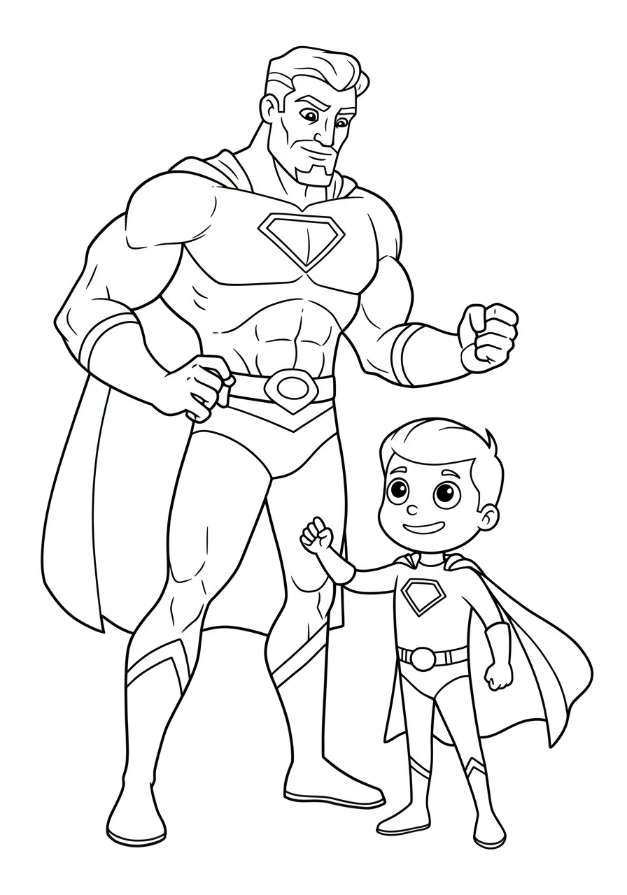 Free printable coloring page showing a powerful superhero mentor instructing a younger, eager hero in a detailed training scene, perfect for kids.