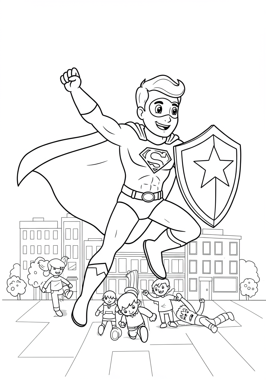 Free printable coloring page featuring a brave superhero shielding innocent citizens from danger, perfect for young artists.