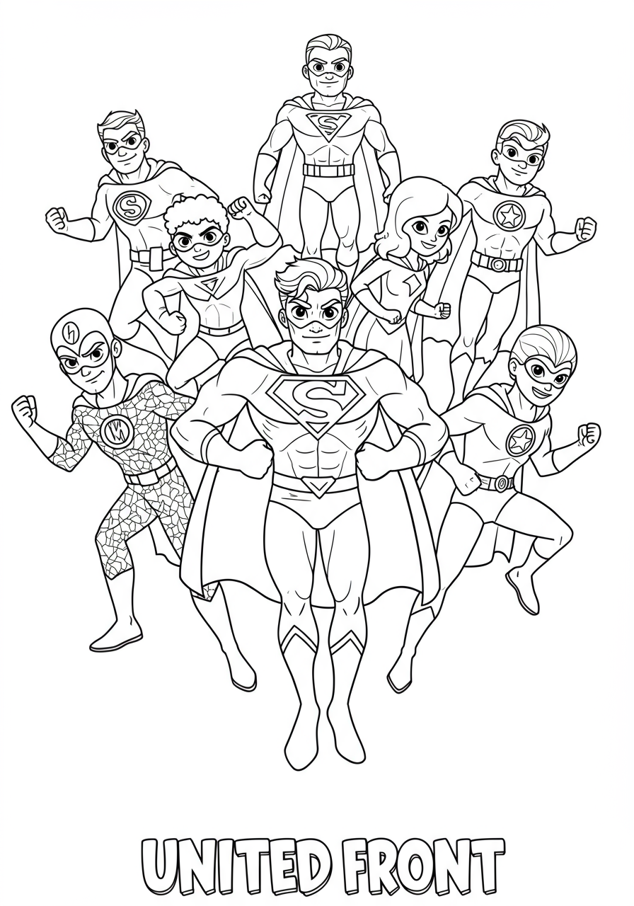 Free printable Hero Team United Front coloring page featuring a group of diverse superheroes standing together in a powerful pose, ready for action, for kids.
