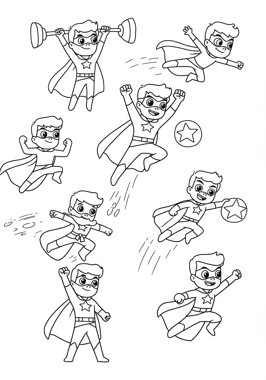 Free printable superhero training montage coloring page for kids, showing a hero practicing various skills like lifting, flying, and martial arts in a dynamic sequence.