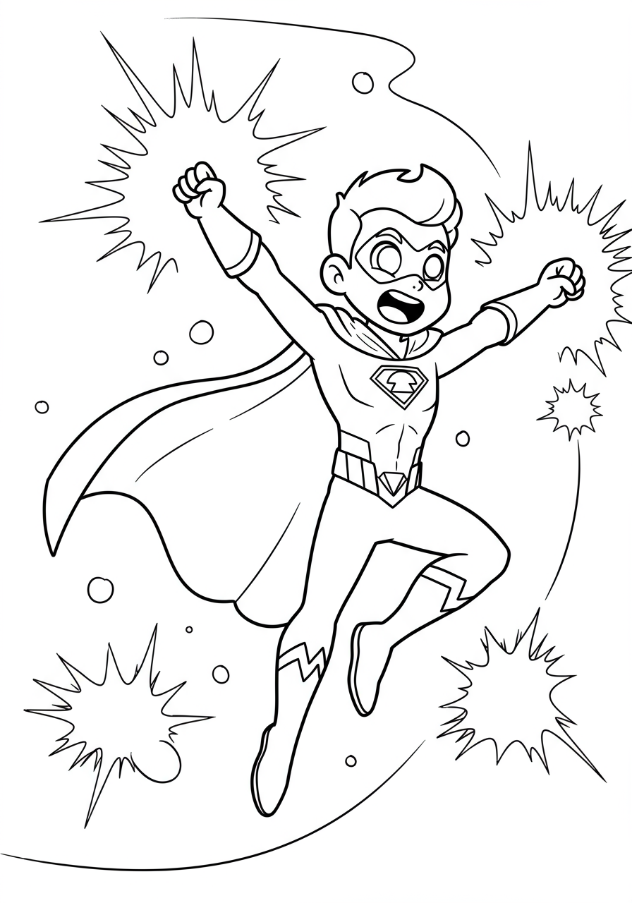 Free printable coloring page depicting a dramatic superhero transformation scene, with a character changing mid-air surrounded by dynamic energy bursts. Perfect for easy coloring for kids.