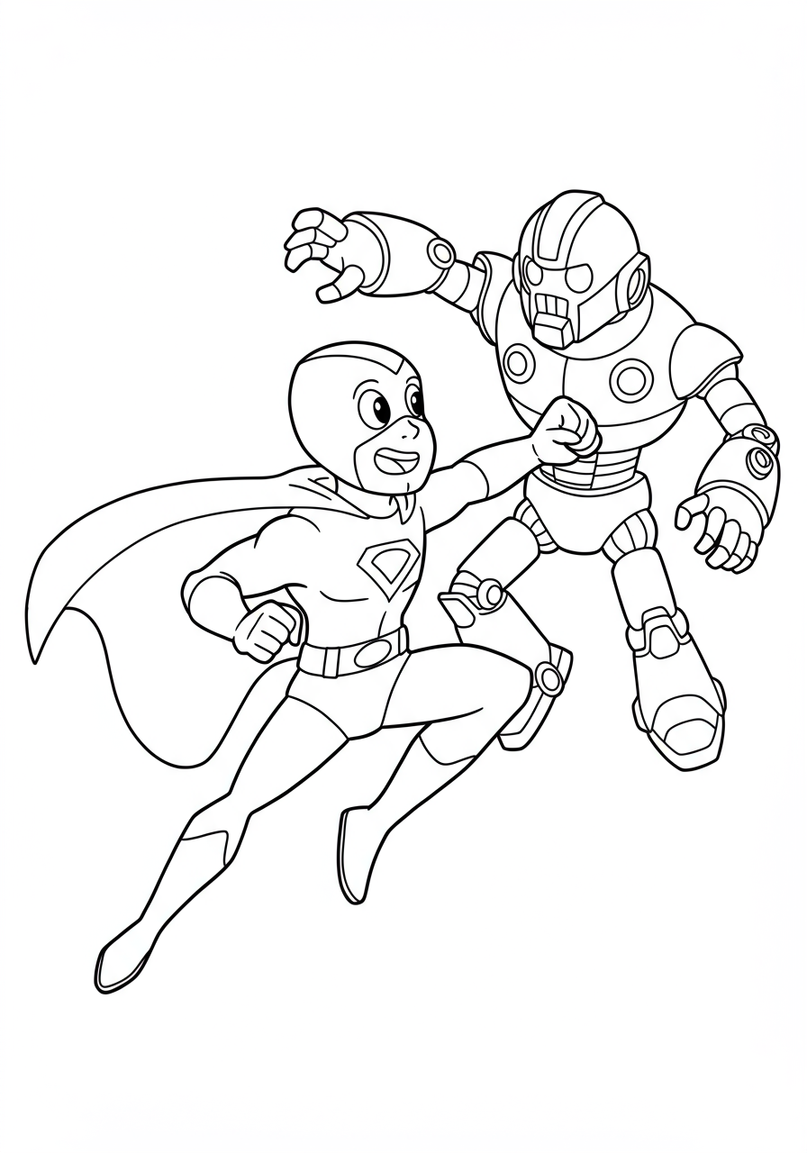 A free printable coloring page depicting a dynamic superhero battling a menacing robot, designed for easy coloring by kids.