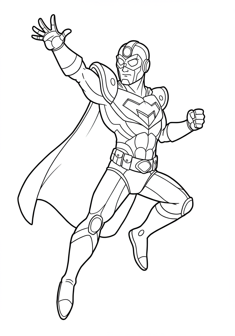 Free printable coloring page featuring a detailed design of heroic armor, perfect for superhero fans to color and enjoy.