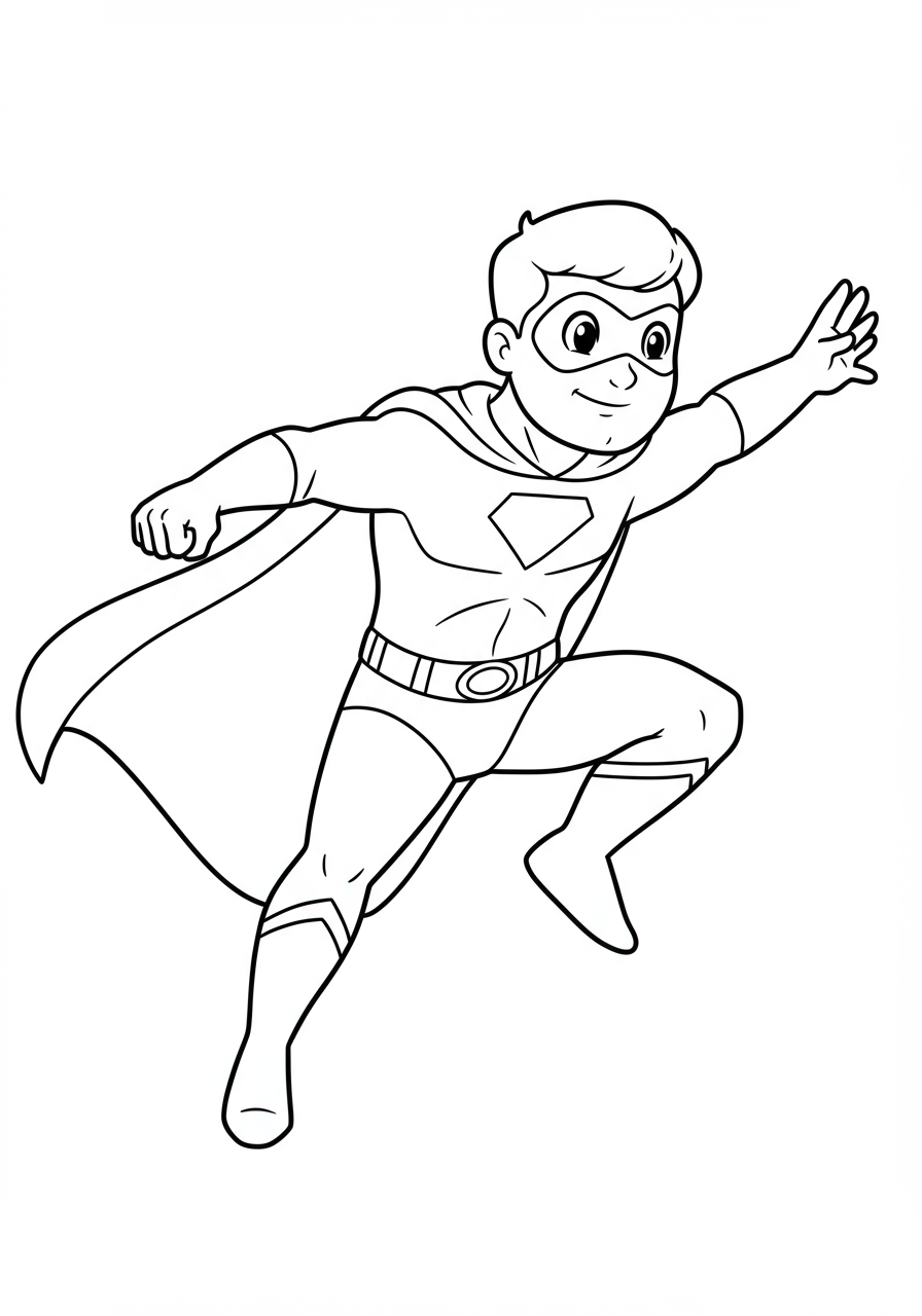 Free printable coloring page featuring a superhero in an epic heroic landing pose, one knee bent, arm outstretched, ready for action.