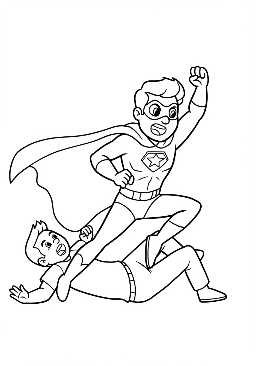Free printable coloring page depicting a superhero on an intense heroic rescue mission, saving a person from danger. Easy for kids to color.