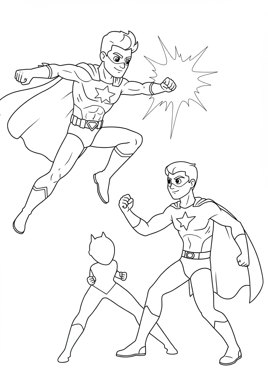 Free printable Heroic Standoff Epic Fight coloring page featuring two dynamic superhero characters ready for an action-packed battle scene, perfect for kids.