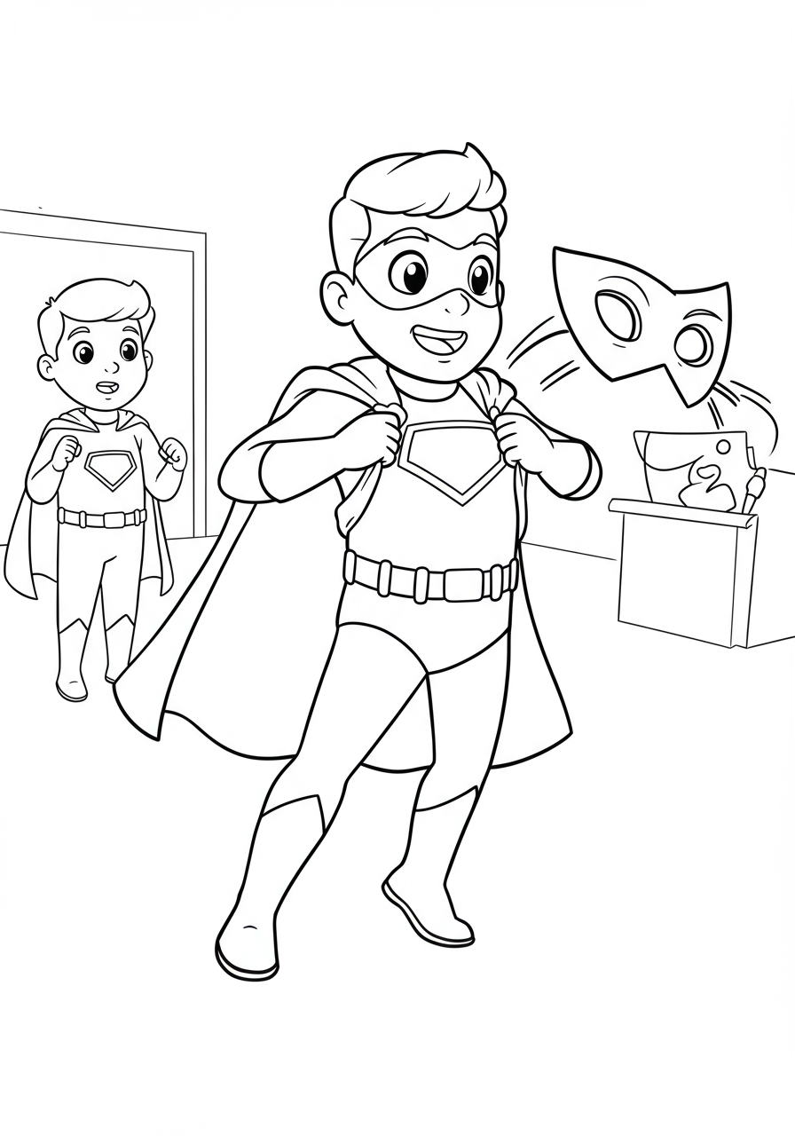Free printable superhero coloring page depicting a hero revealing their secret identity by removing a mask, with a surprised friend or bystander in the background.