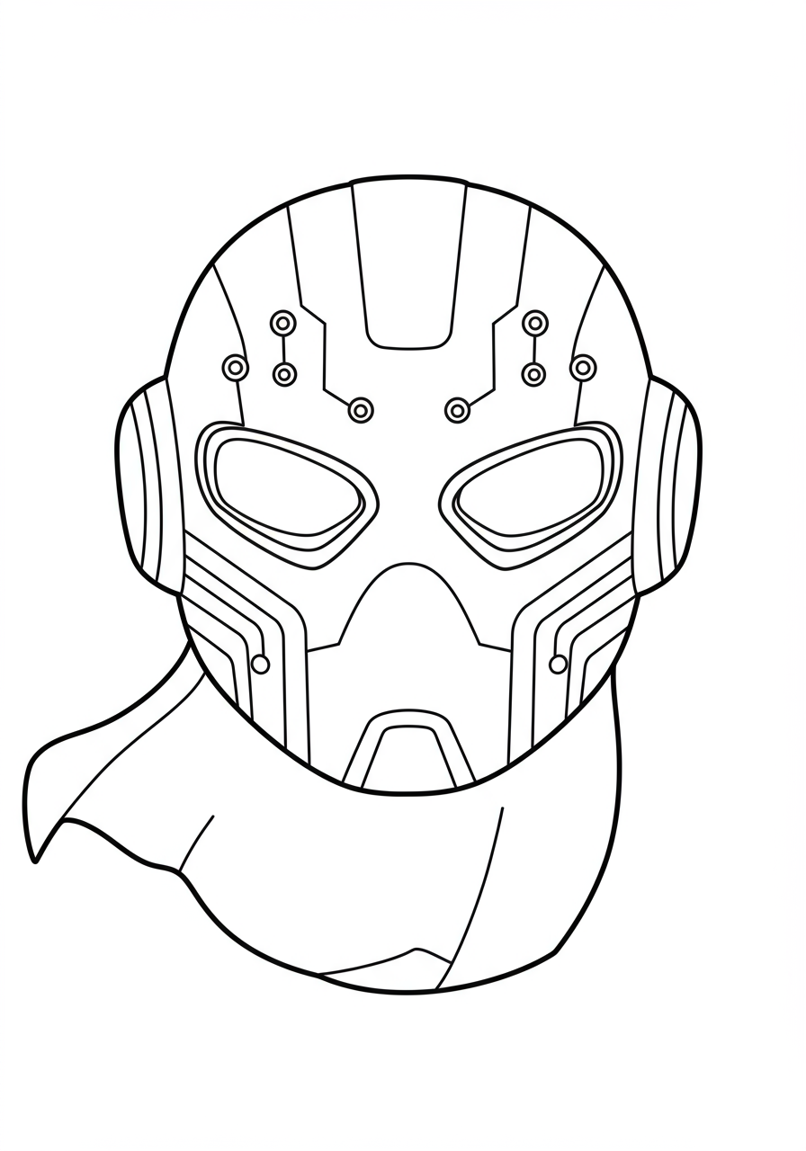 Free printable Hi-tech Hero Mask coloring page for kids, showing a simple, futuristic superhero mask with circuit lines and eye openings, ready to be colored.