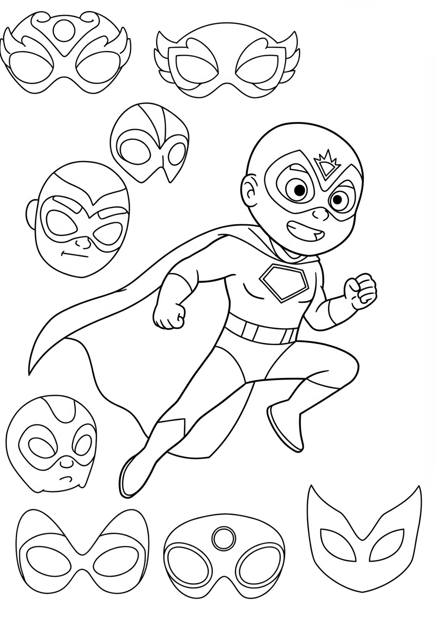 Free printable superhero mask identity coloring page showing various simple mask outlines for children to color and imagine their own hero.