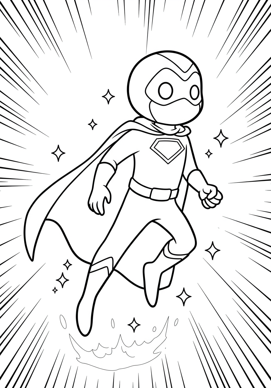 Free printable coloring page depicting an Invisibility Hero shimmering away, fading into the background with dynamic lines and sparkles, suitable for kids and superhero fans.