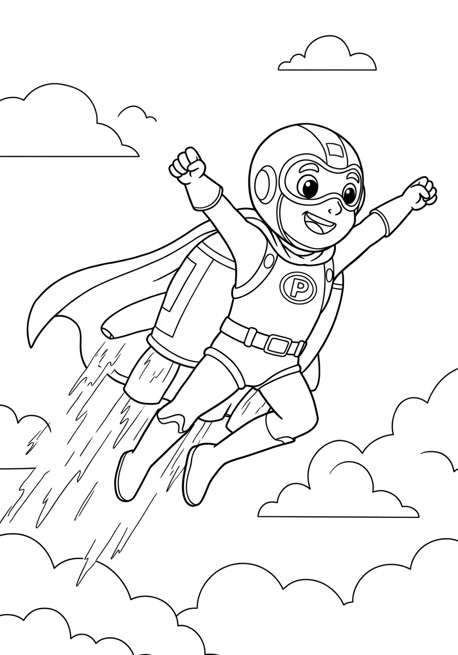 A free printable coloring page depicting a jetpack hero soaring through the sky with clouds, designed for easy coloring for children.