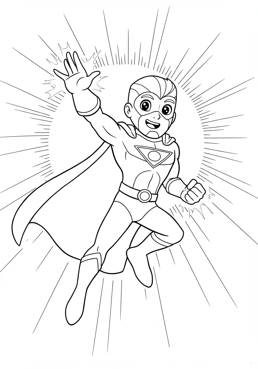 A free printable coloring page featuring a Light Power Hero shining brightly with radiating energy, ready for kids to color and explore their creativity.