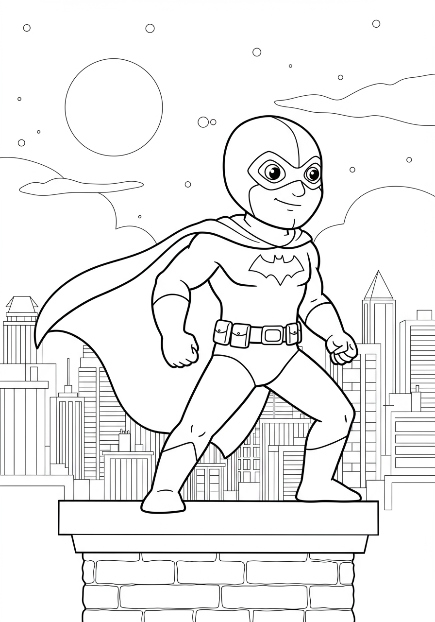 Free printable coloring page featuring a masked vigilante hero standing on a rooftop overlooking a city at night, ready for adventure.
