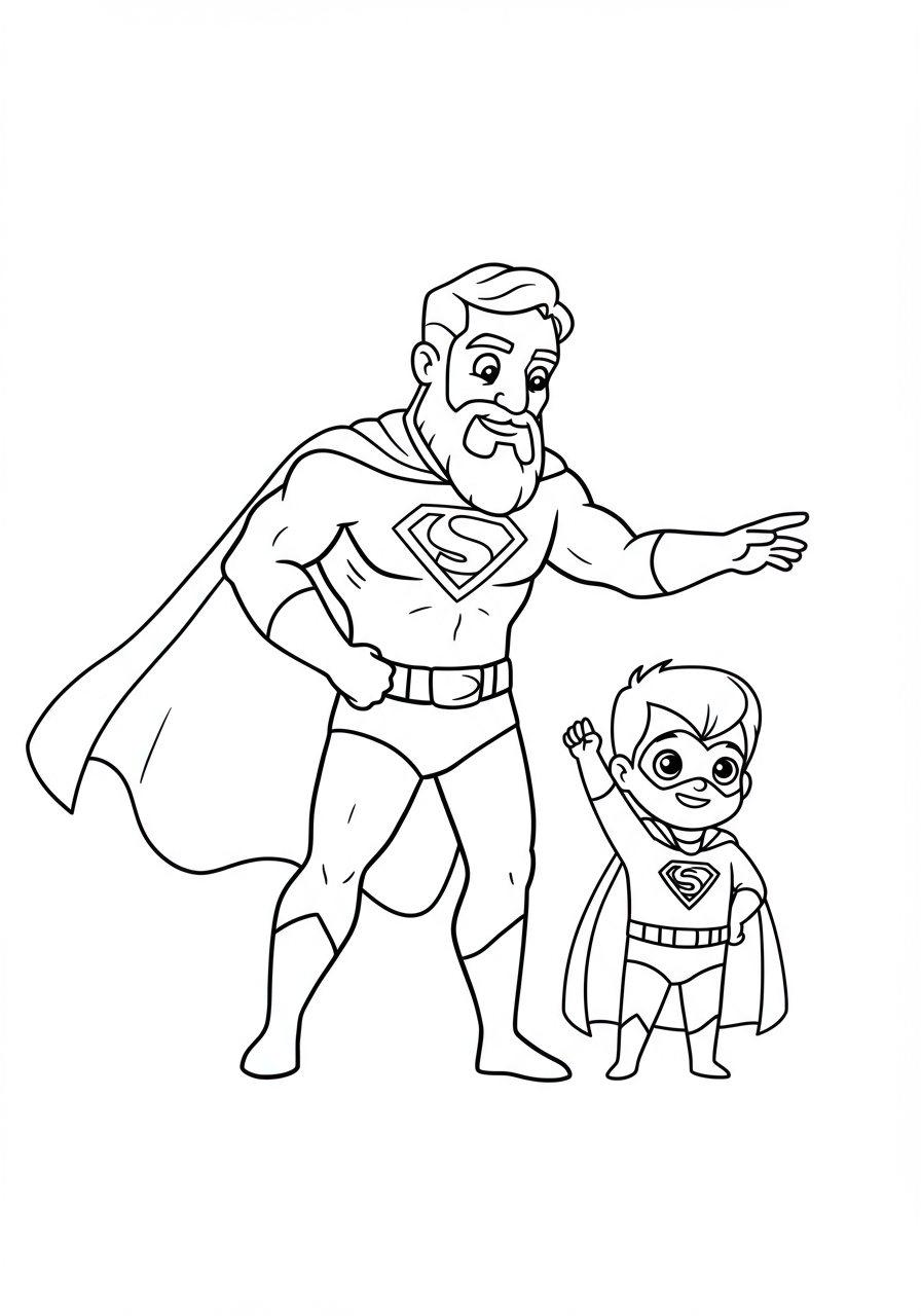 A free printable coloring page depicting a wise mentor superhero guiding a young sidekick hero. Features easy-to-color outlines for children to enjoy.