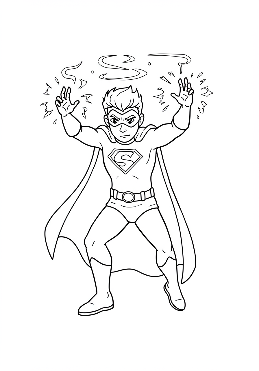 A free printable coloring page depicting a superhero with intense focus, possibly using mind control powers, with swirling energy around their head, perfect for kids.