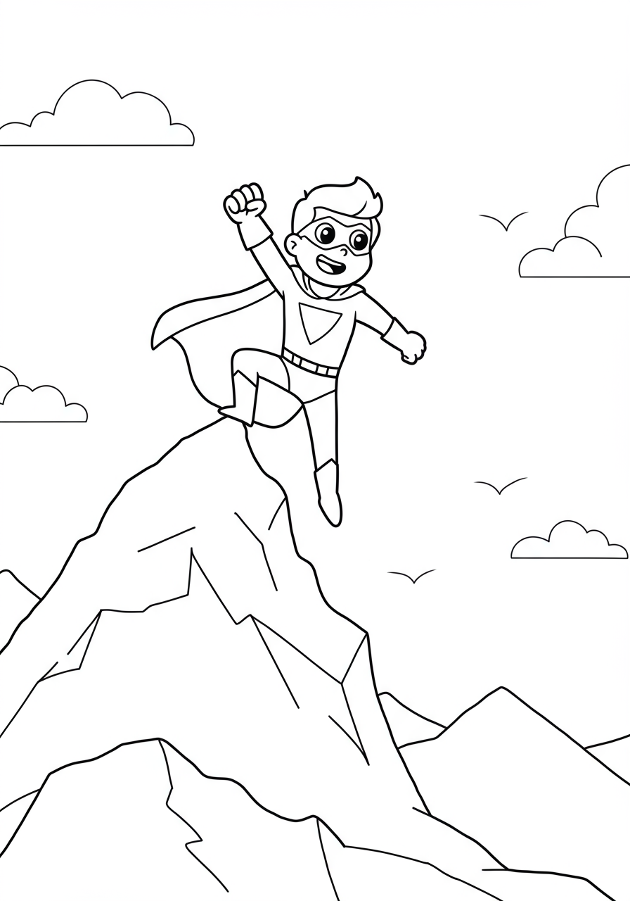 Free printable coloring page showing a brave superhero scaling a tall, majestic mountain, symbolizing overcoming challenges and adventure.
