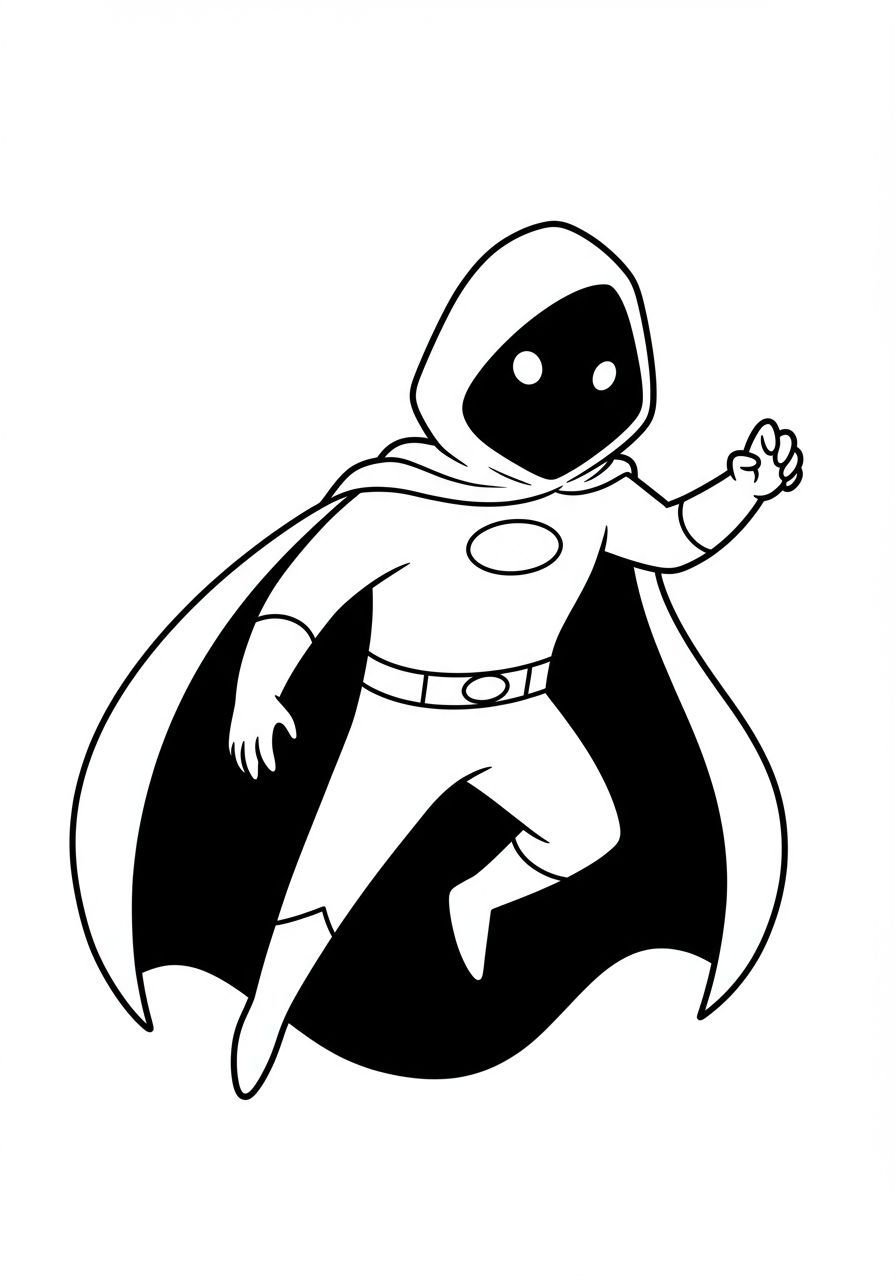 Free printable coloring page featuring a mysterious superhero figure emerging from deep shadows, perfect for kids to color with bold lines.