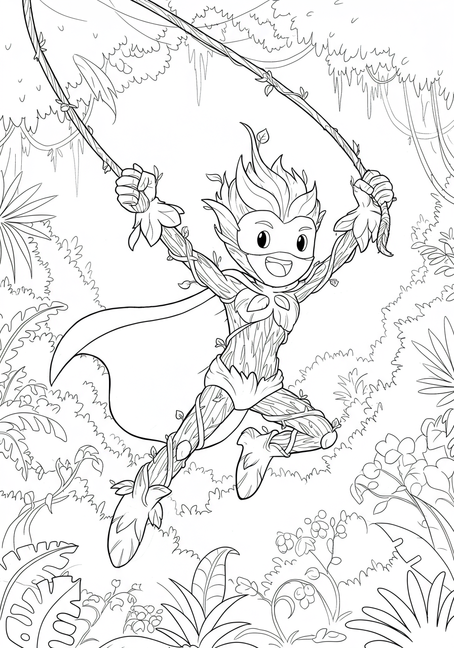Illustration of a Plant Power Hero character made of vines, swinging through a jungle, for a free printable coloring page for kids.