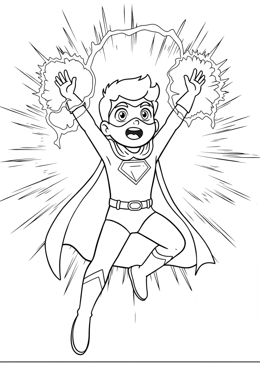 A free printable coloring page depicting a young superhero experiencing an epic power awakening, with dynamic energy radiating around them.