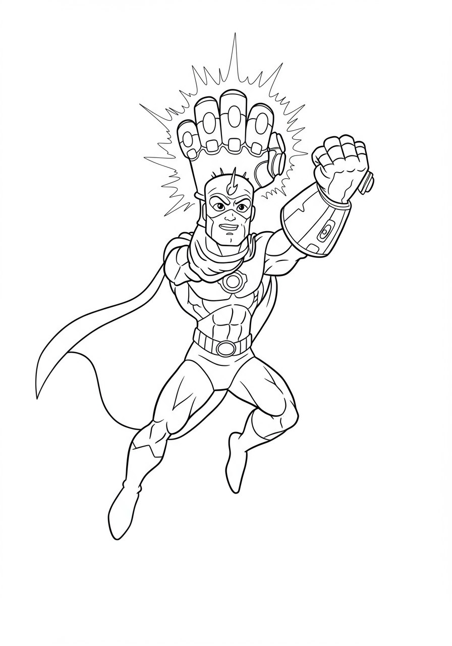 Free printable Power Gauntlet Glowing Fist superhero coloring page for kids, showing a powerful hand with a radiating energy effect.