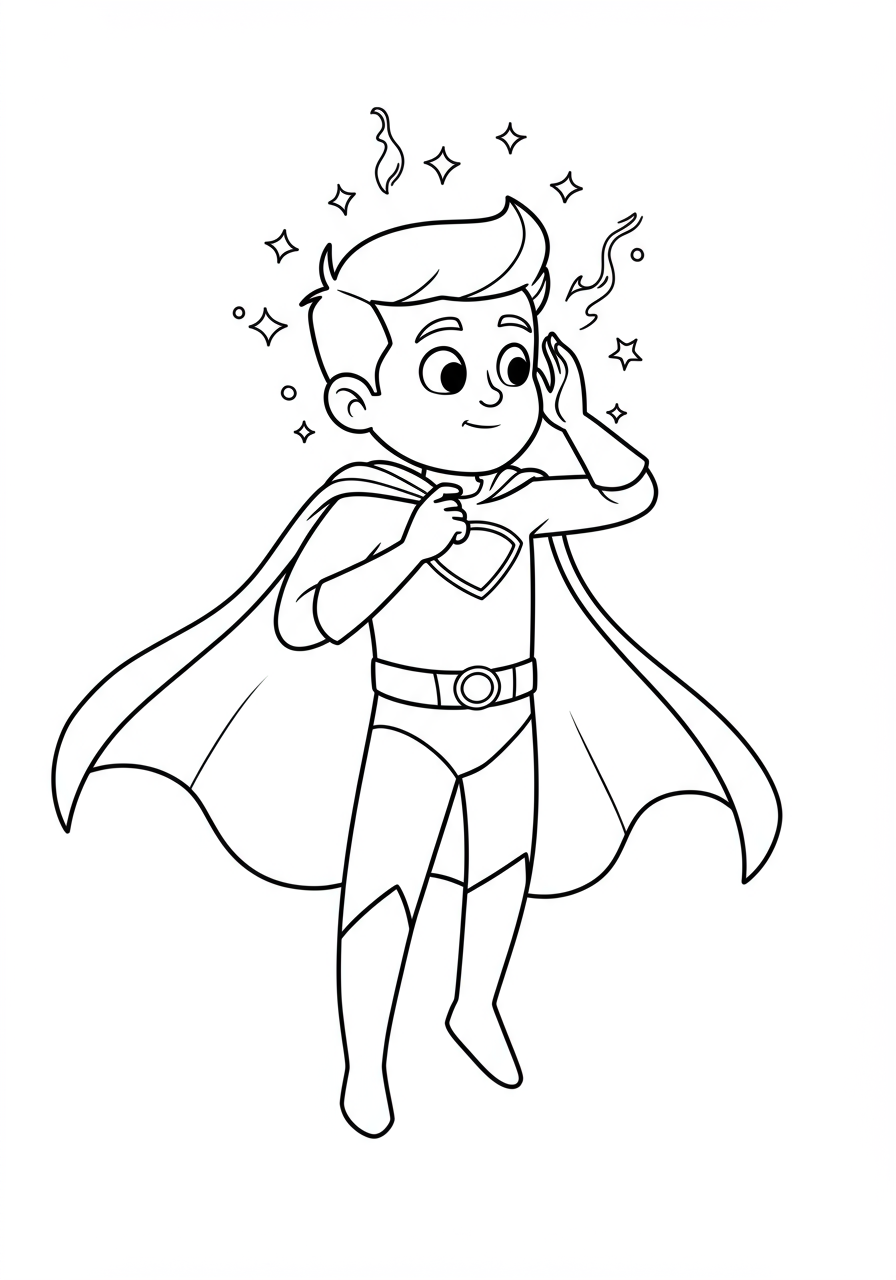 Free printable coloring page depicting a psychic superhero reading minds, featuring a character in a thoughtful pose with energetic lines, suitable for kids.