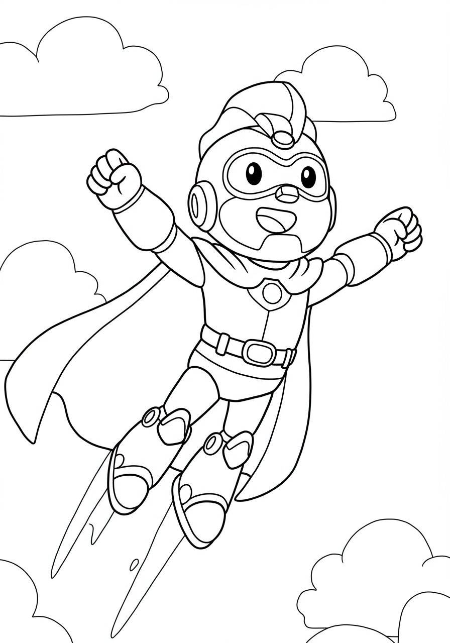 A free printable coloring page featuring a friendly robot hero partner flying high in the sky with outstretched arms, ready for an adventure. Perfect for kids.