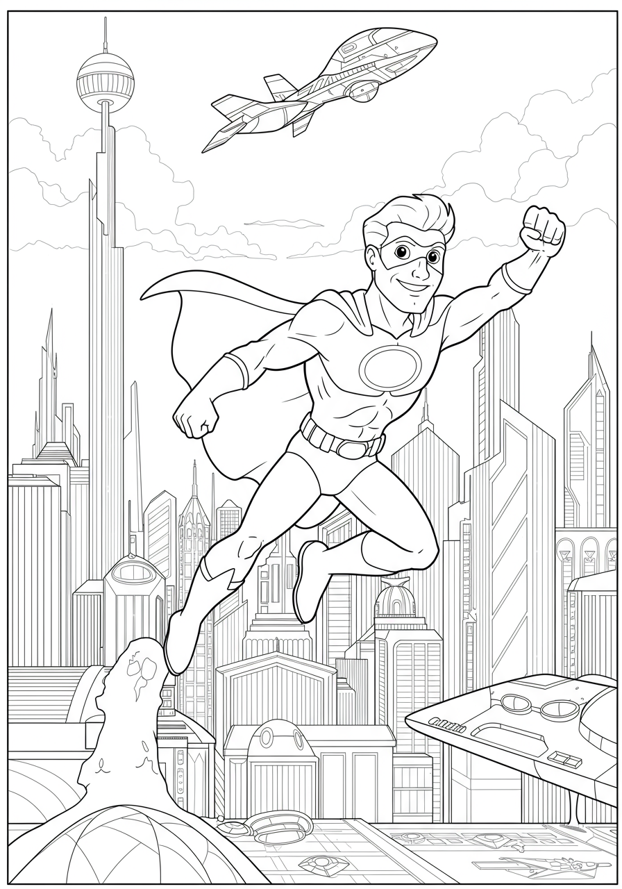 A free printable coloring page featuring a brave sci-fi superhero flying above a stunning futuristic city filled with tall buildings and flying vehicles, perfect for kids to color.