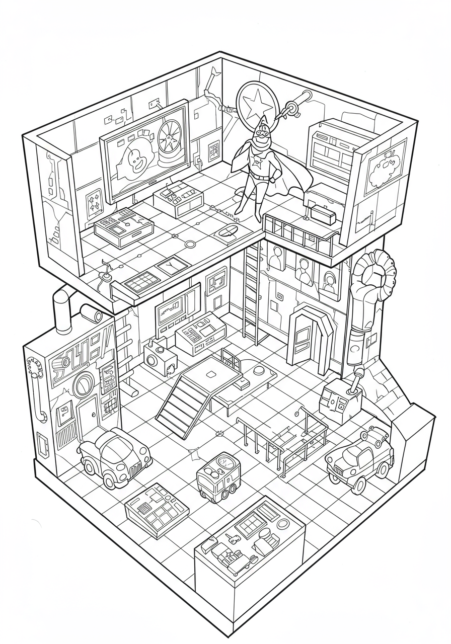 Free printable Secret Lair Hero HQ coloring page for kids, showing a detailed superhero headquarters with control panels, vehicles, and secret entrances.