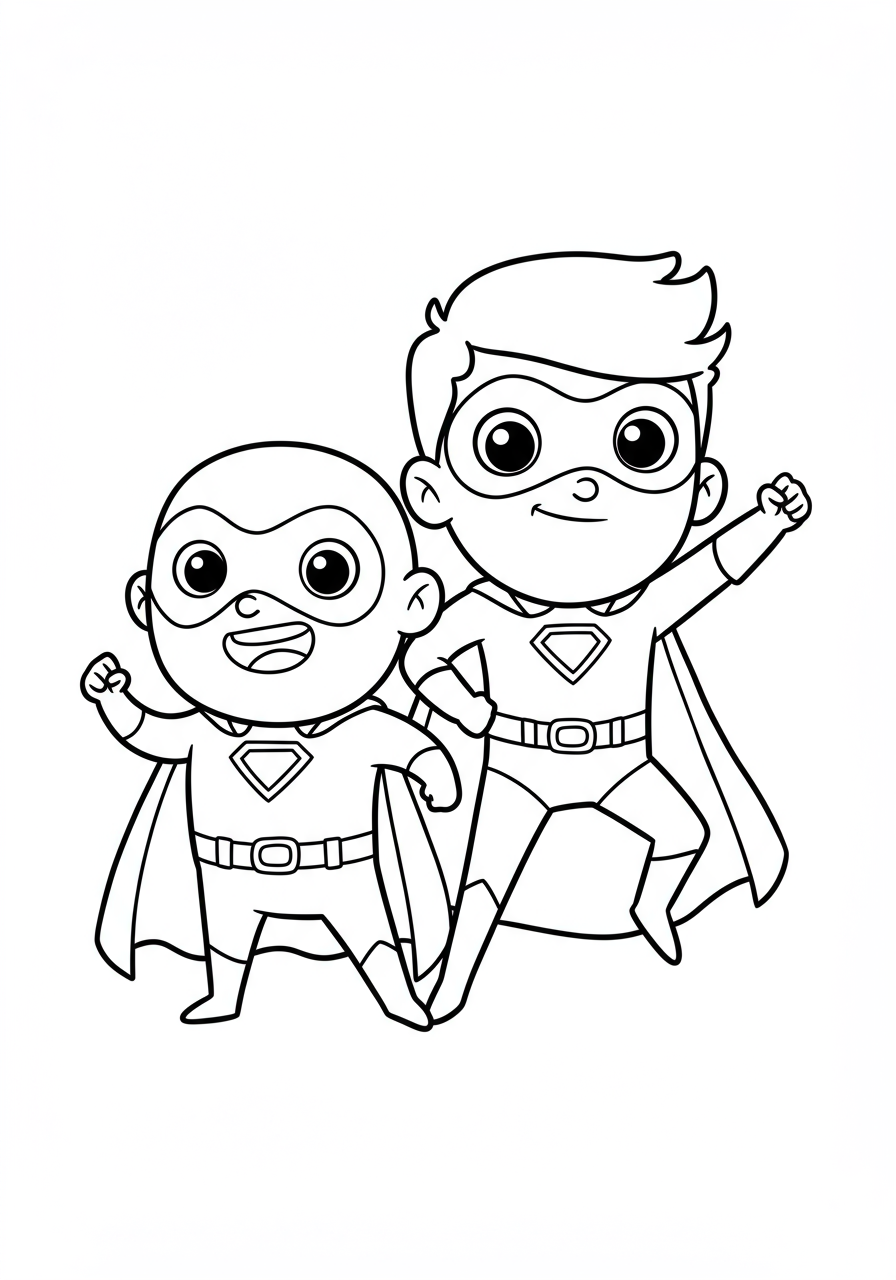 Free printable coloring page featuring a cheerful superhero and their loyal sidekick dynamic duo posing heroically, ready for adventure and teamwork.