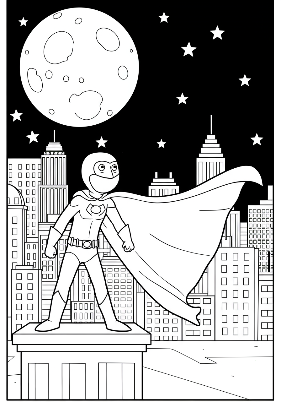 Free printable coloring page showing a silent superhero protector standing on a skyscraper rooftop, gazing over a city skyline at night with a full moon and stars.