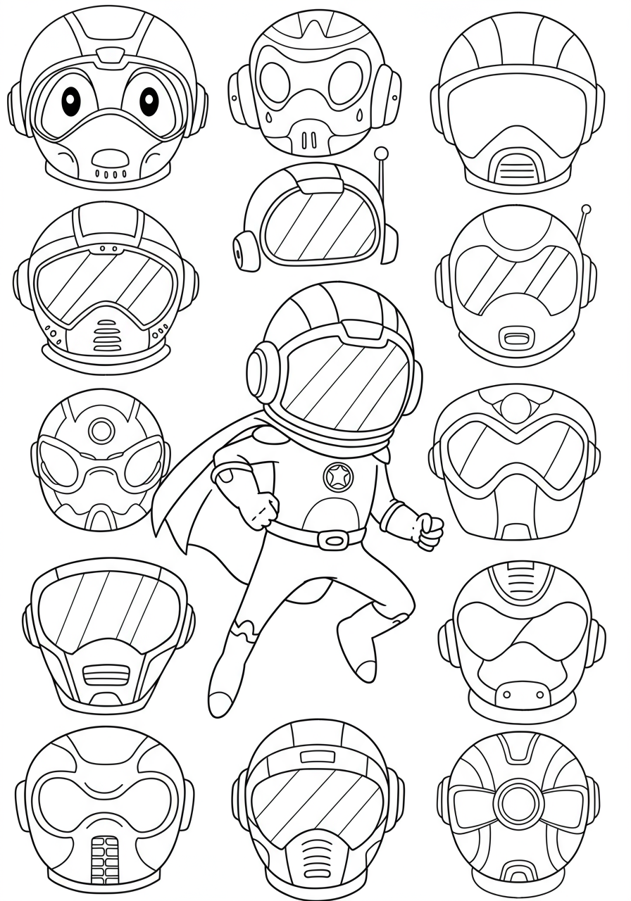 An illustration of various space hero helmet visors with reflections, perfect for a free printable coloring page for kids to imagine outer space adventures and superhero missions.