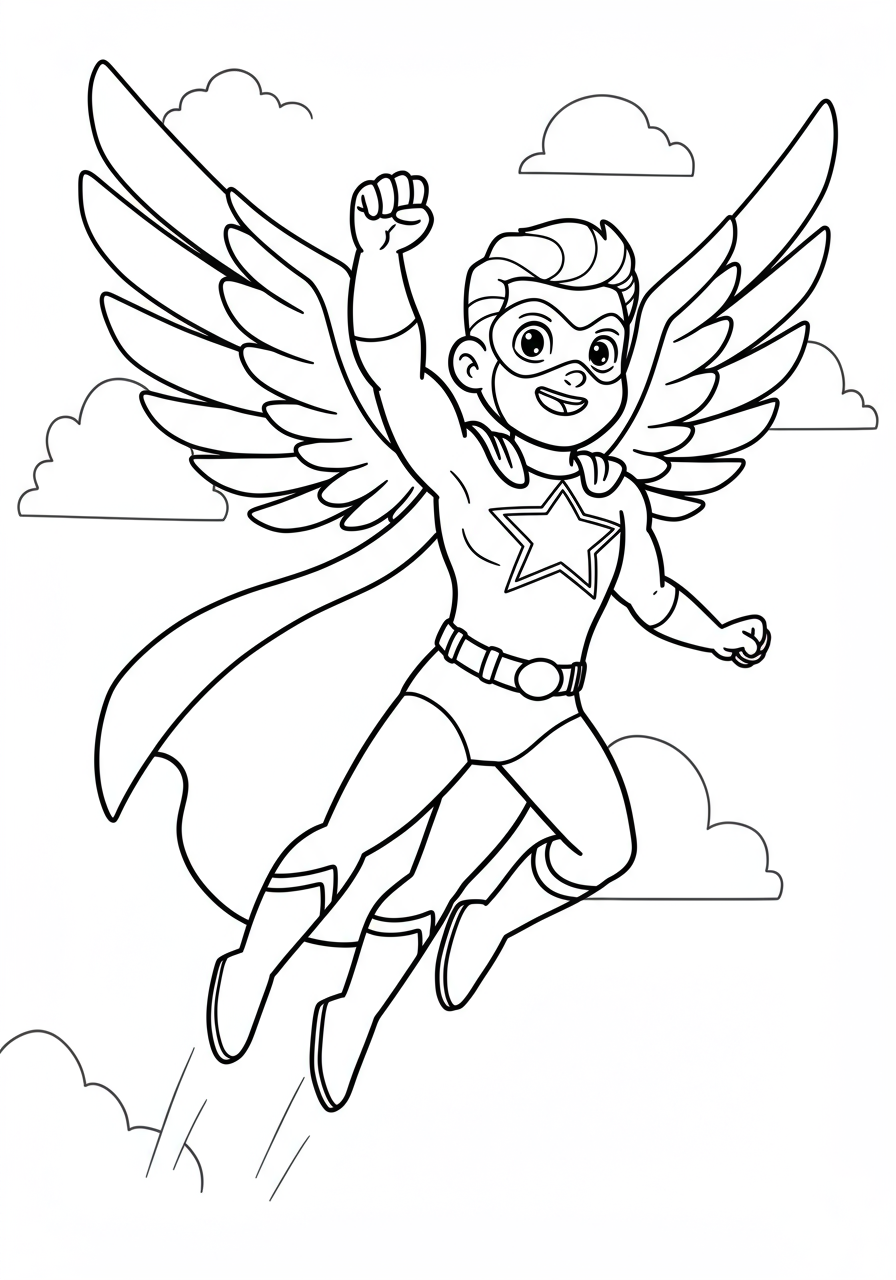 A free printable coloring page showing a bold star hero symbol with wings, soaring through the sky, perfect for young children to color.